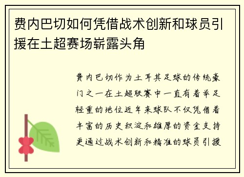 费内巴切如何凭借战术创新和球员引援在土超赛场崭露头角 费内巴切如何凭借战术创新和球员引援在土超赛场崭露头角