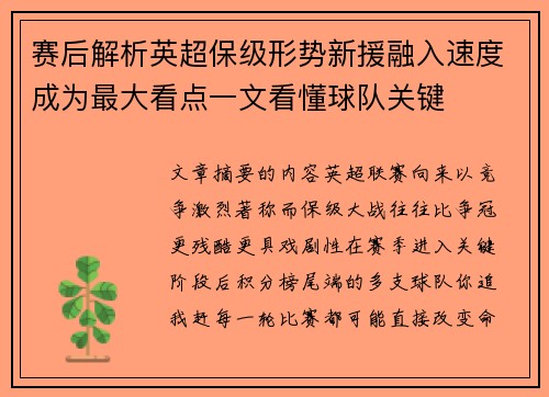 赛后解析英超保级形势新援融入速度成为最大看点一文看懂球队关键 赛后解析英超保级形势新援融入速度成为最大看点一文看懂球队关键